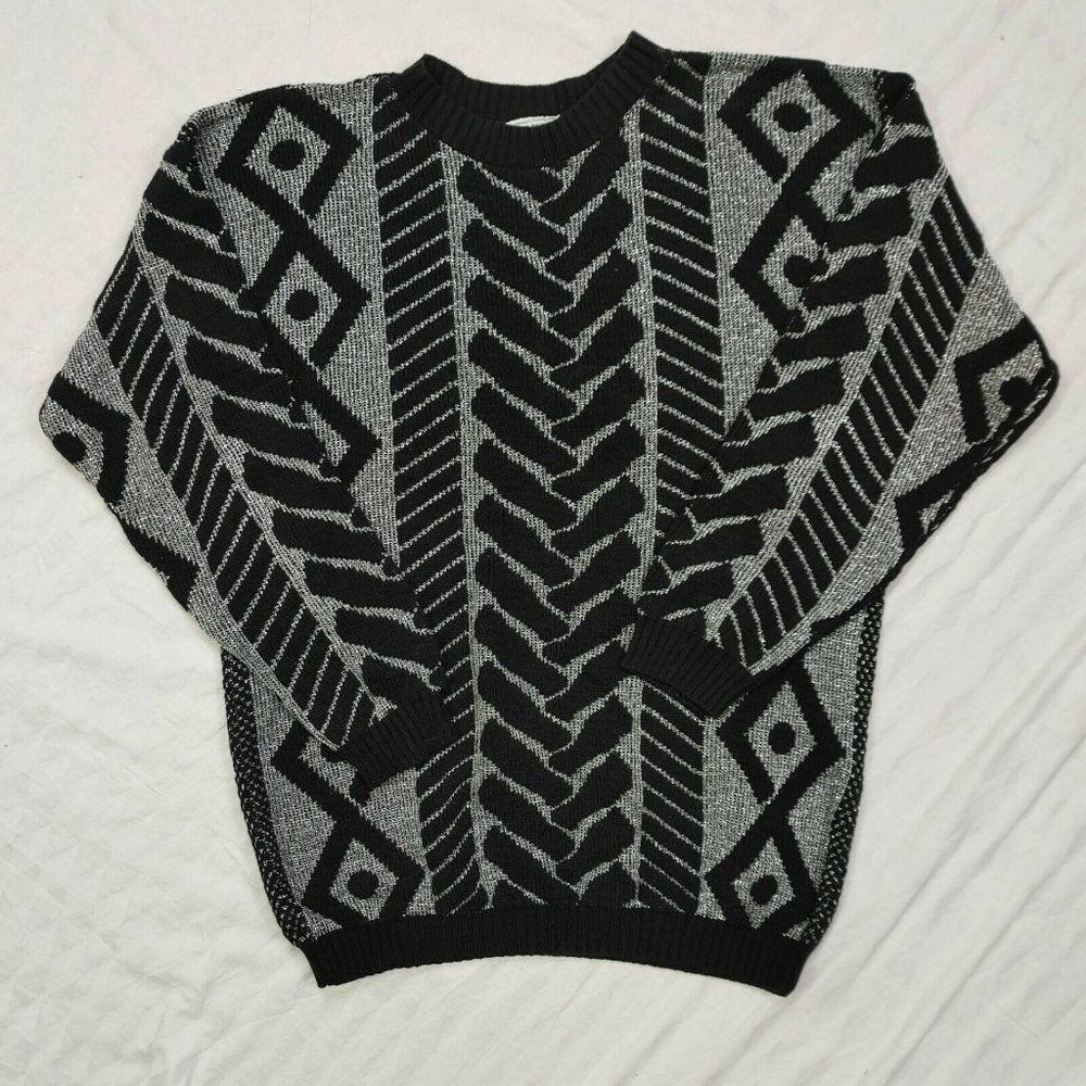 Vintage Jane Adams Knit Sweater Oversized Black Silver Geometric Women’s Large